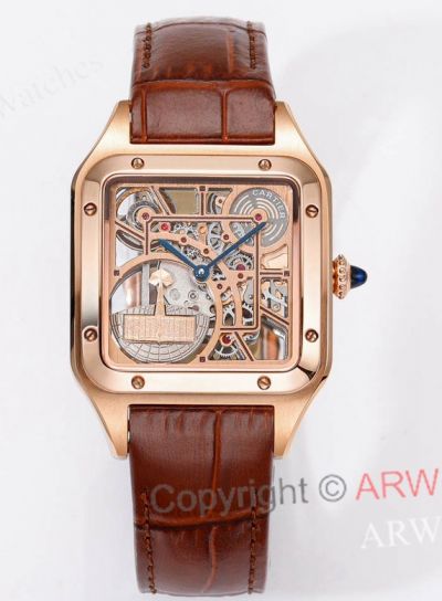 Super Clone Cartier Santos Dumont Skeleton Rose Gold Brown Band Micro Rotor